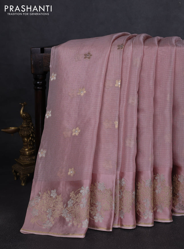 Silk kota saree pastel peach pink with zari woven buttas and floral zari woven border