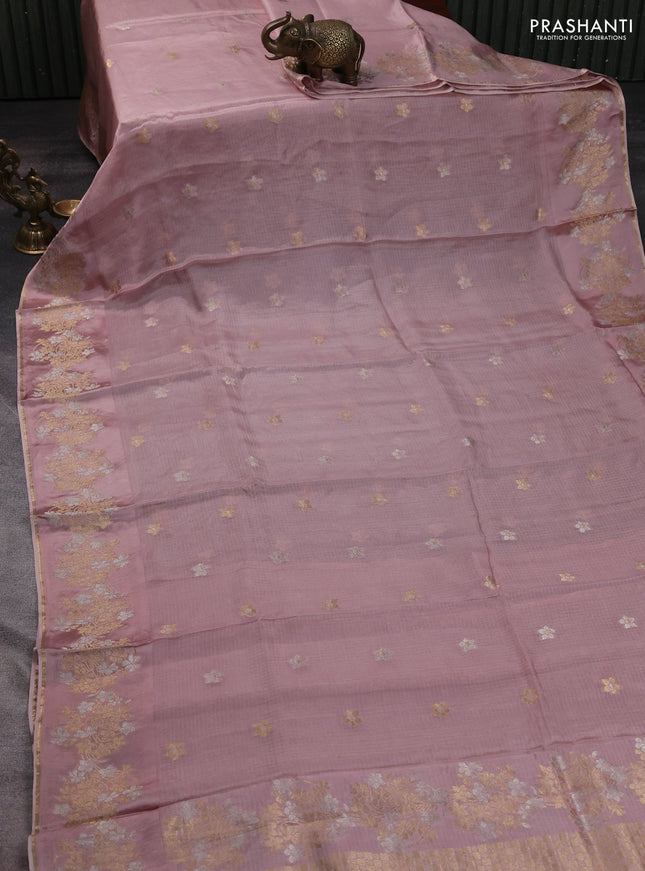 Silk kota saree pastel peach pink with zari woven buttas and floral zari woven border
