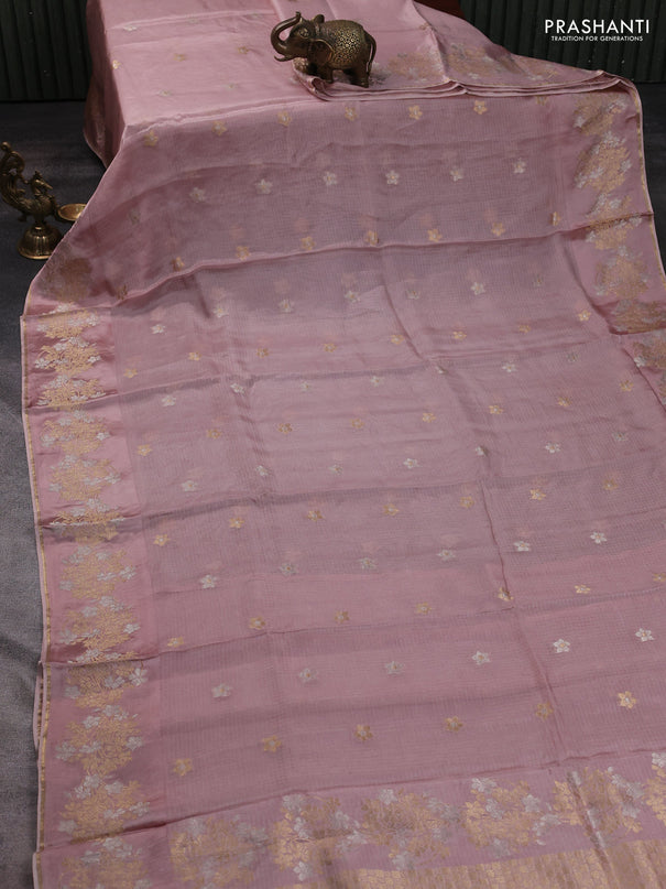 Silk kota saree pastel peach pink with zari woven buttas and floral zari woven border