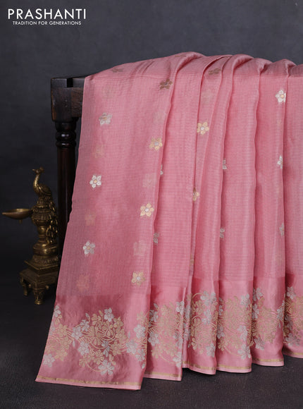 Silk kota saree peach pink with zari woven buttas and floral zari woven border
