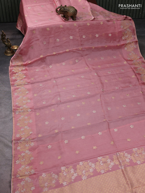 Silk kota saree peach pink with zari woven buttas and floral zari woven border