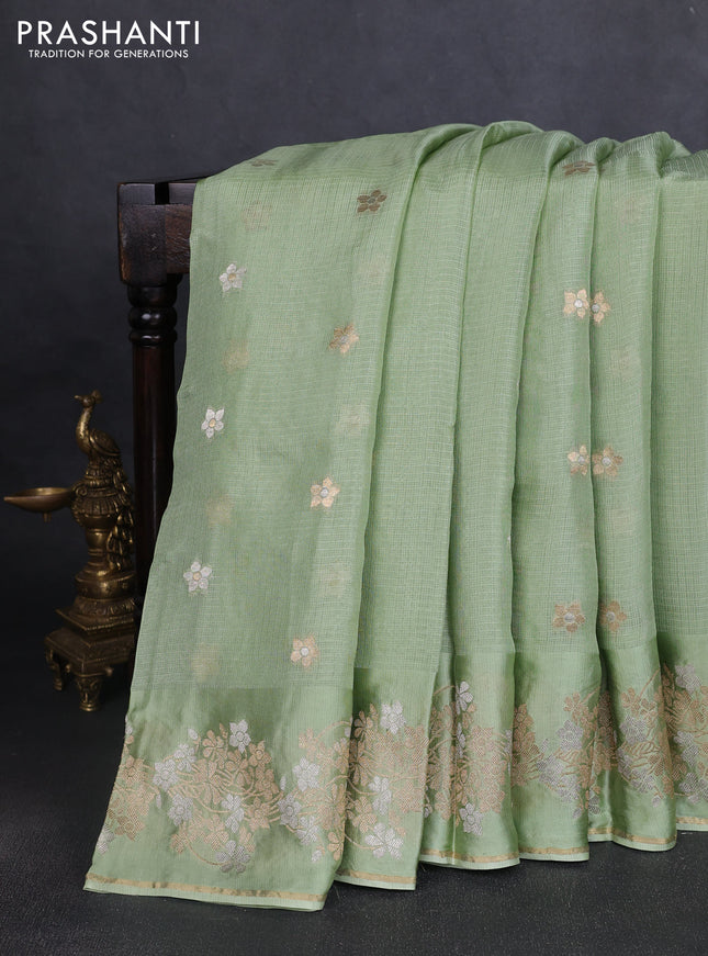 Silk kota saree pista green with zari woven buttas and floral zari woven border