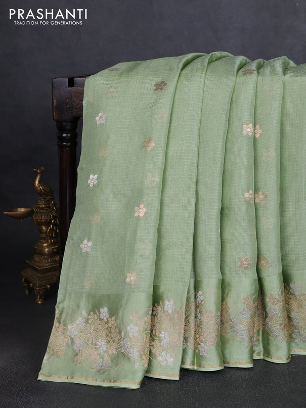 Silk kota saree pista green with zari woven buttas and floral zari woven border
