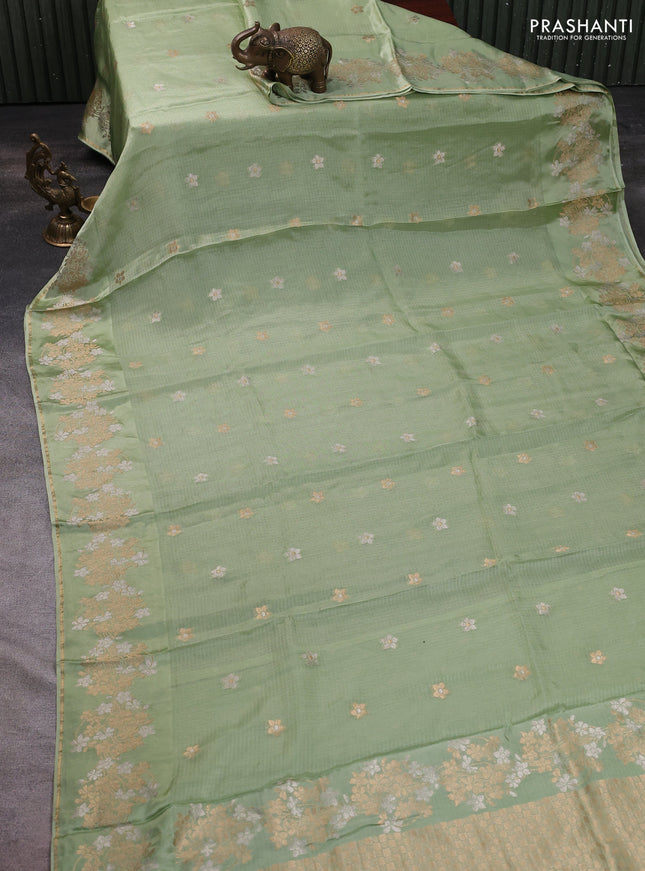 Silk kota saree pista green with zari woven buttas and floral zari woven border