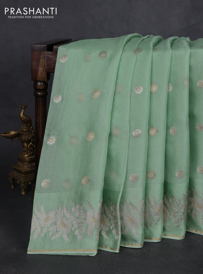 Silk kota saree pista green with zari woven buttas and zari woven border