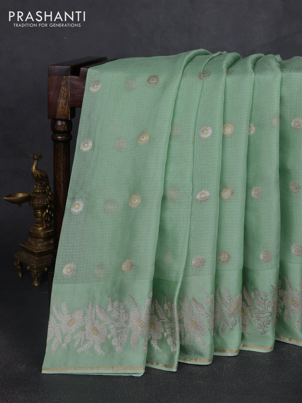 Silk kota saree pista green with zari woven buttas and zari woven border