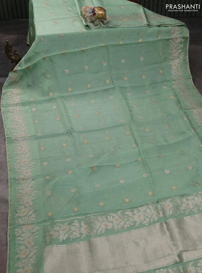 Silk kota saree pista green with zari woven buttas and zari woven border