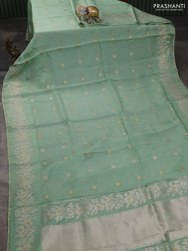 Silk kota saree pista green with zari woven buttas and zari woven border