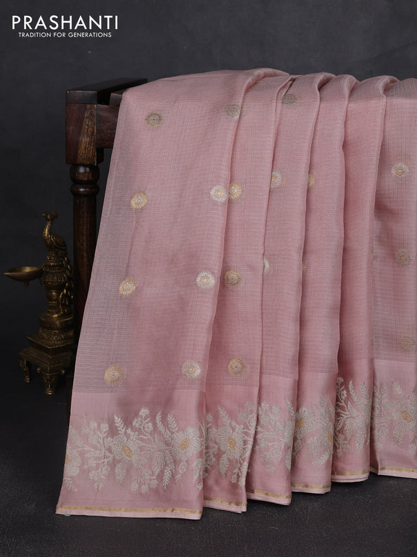 Silk kota saree pastel pink with zari woven buttas and zari woven border