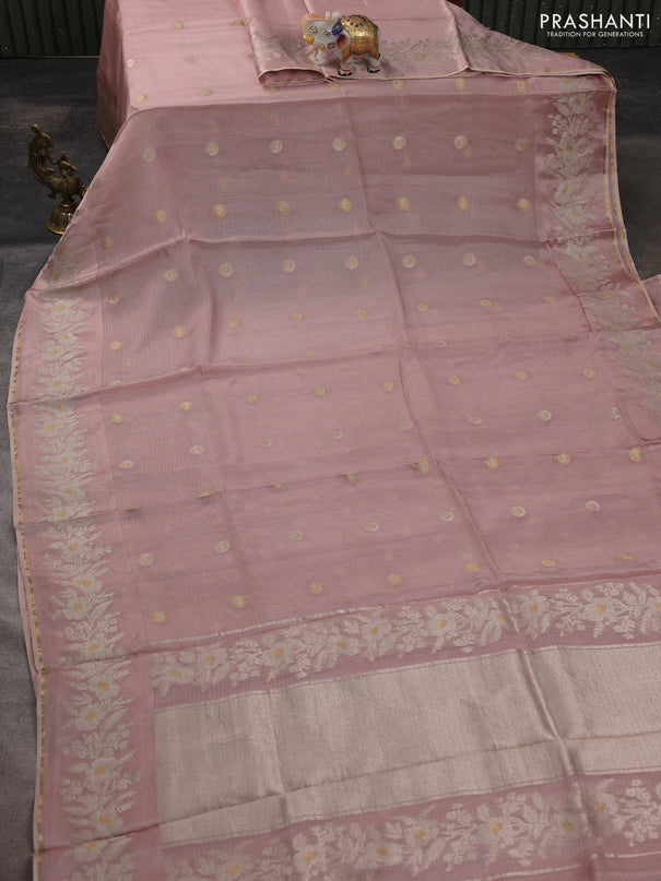 Silk kota saree pastel pink with zari woven buttas and zari woven border