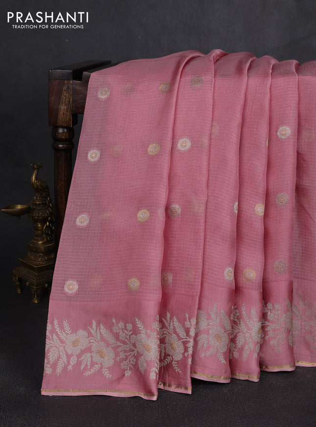 Silk kota saree peach pink with zari woven buttas and zari woven border