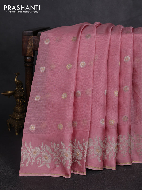 Silk kota saree peach pink with zari woven buttas and zari woven border