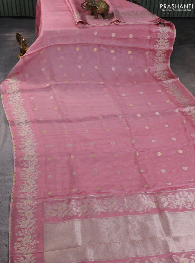 Silk kota saree peach pink with zari woven buttas and zari woven border