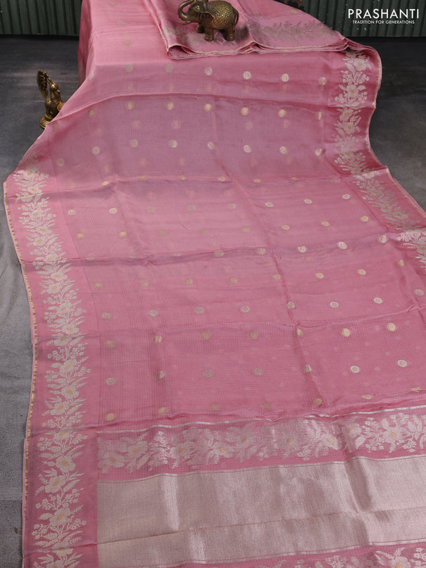 Silk kota saree peach pink with zari woven buttas and zari woven border
