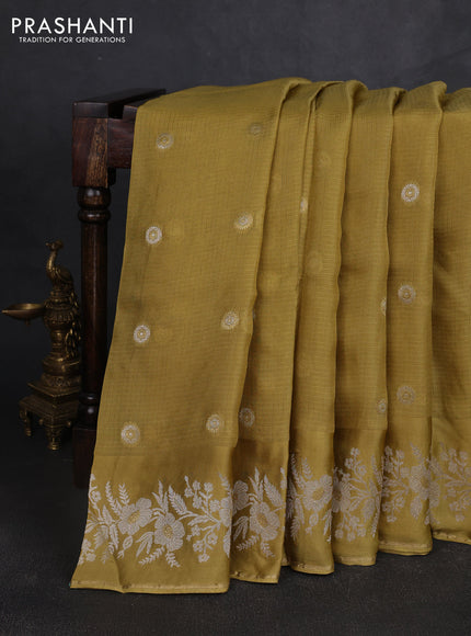 Silk kota saree mustard green with zari woven buttas and zari woven border