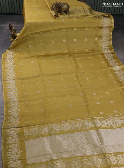 Silk kota saree mustard green with zari woven buttas and zari woven border