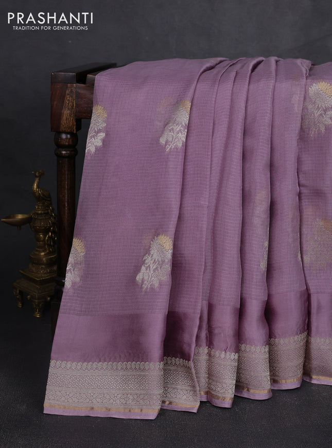 Silk kota saree pastel lavender with floral zari woven buttas and zari woven border