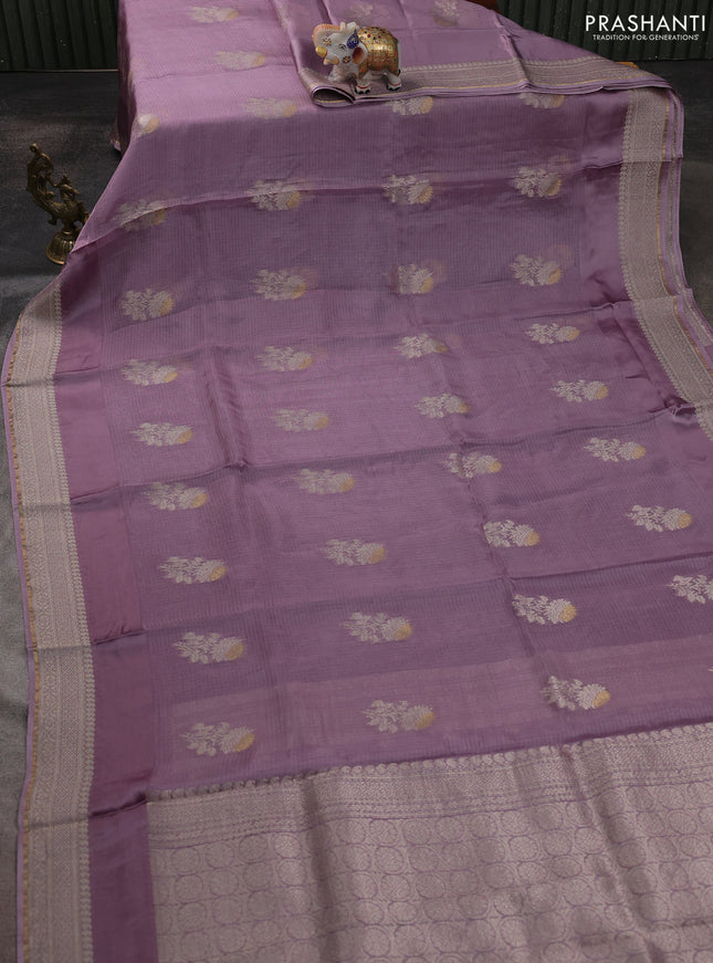 Silk kota saree pastel lavender with floral zari woven buttas and zari woven border