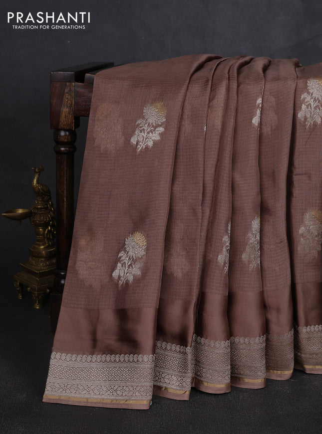 Silk kota saree brown with floral zari woven buttas and zari woven border