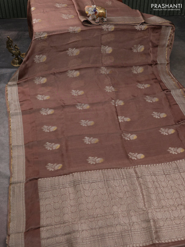 Silk kota saree brown with floral zari woven buttas and zari woven border