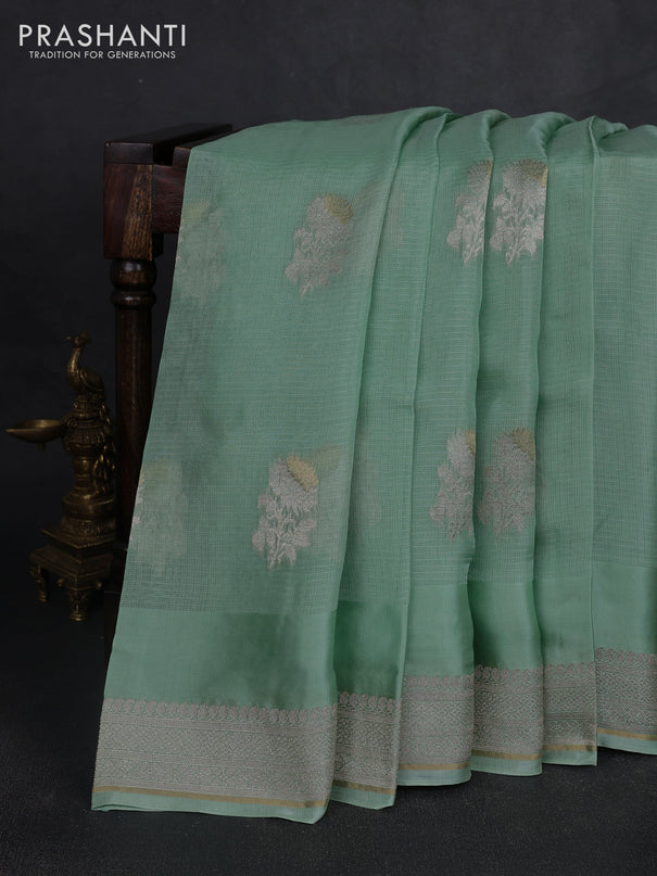 Silk kota saree teal green with floral zari woven buttas and zari woven border