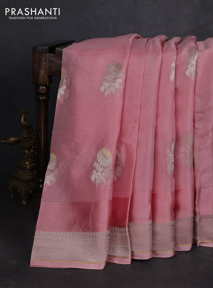 Silk kota saree peach pink with floral zari woven buttas and zari woven border