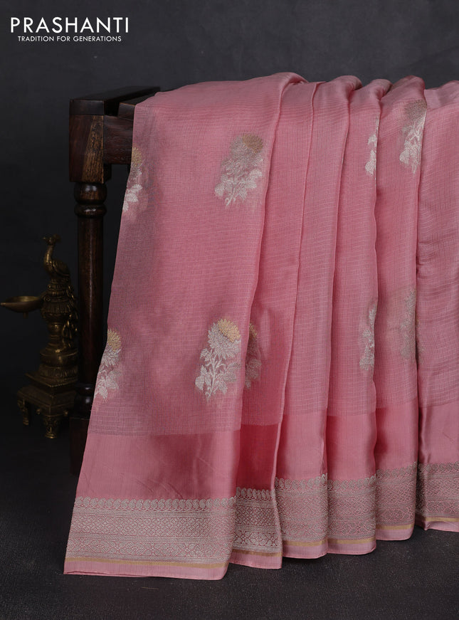 Silk kota saree peach pink with floral zari woven buttas and zari woven border