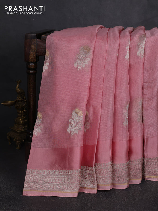 Silk kota saree peach pink with floral zari woven buttas and zari woven border