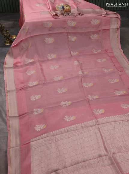Silk kota saree peach pink with floral zari woven buttas and zari woven border