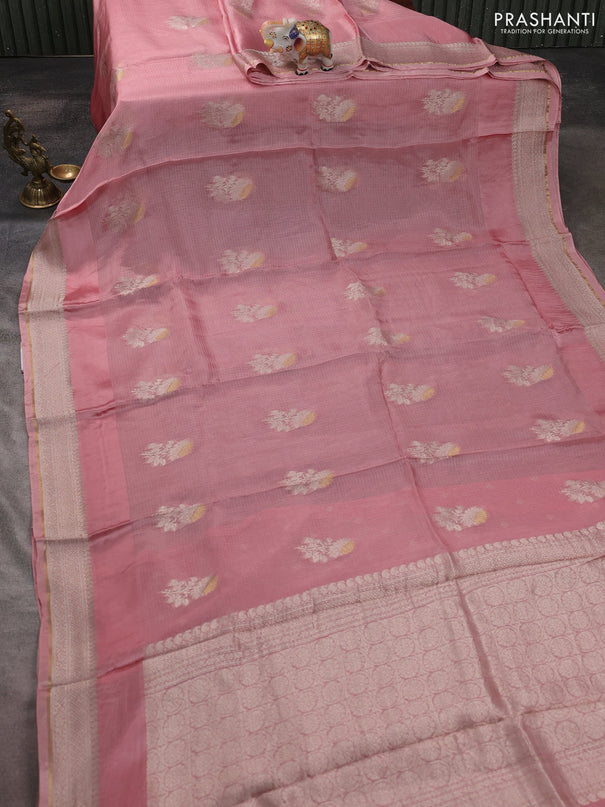 Silk kota saree peach pink with floral zari woven buttas and zari woven border