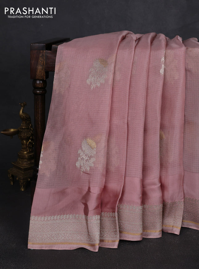 Silk kota saree pastel pink with floral zari woven buttas and zari woven border