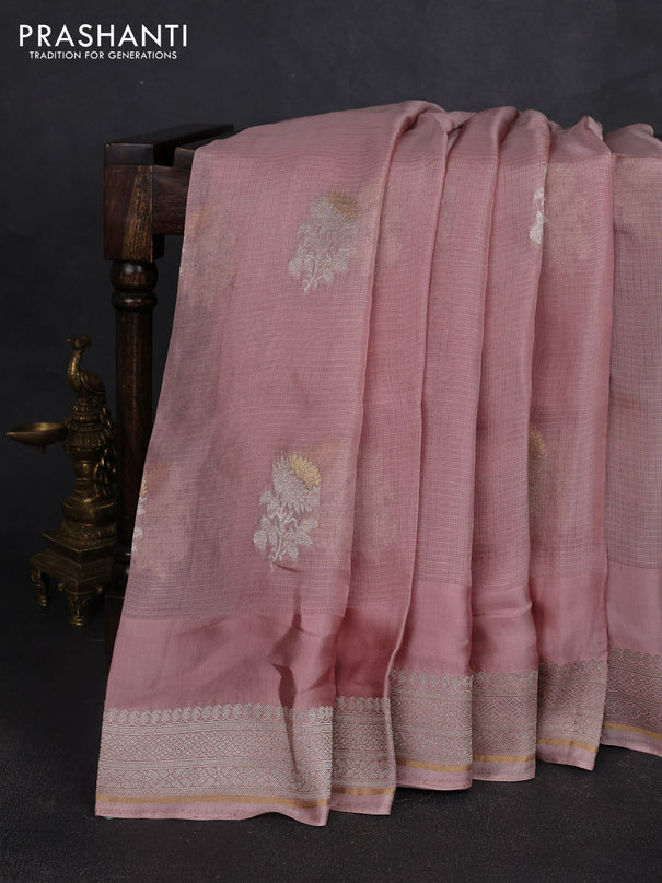 Silk kota saree pastel pink with floral zari woven buttas and zari woven border