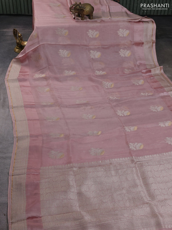 Silk kota saree pastel pink with floral zari woven buttas and zari woven border