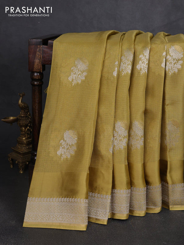 Silk kota saree mustard green with floral zari woven buttas and zari woven border