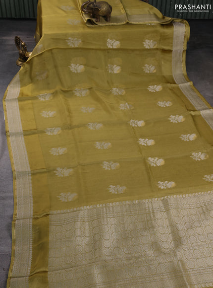 Silk kota saree mustard green with floral zari woven buttas and zari woven border