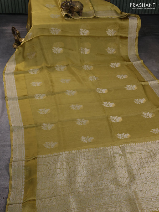 Silk kota saree mustard green with floral zari woven buttas and zari woven border
