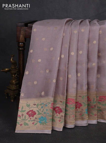 Silk kota saree grey shade with allover zari woven buttas and floral design paithani style border