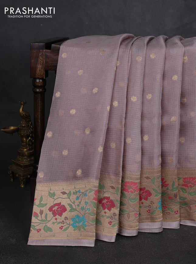 Silk kota saree grey shade with allover zari woven buttas and floral design paithani style border