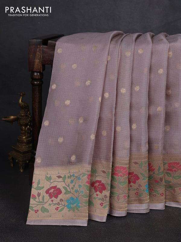 Silk kota saree grey shade with allover zari woven buttas and floral design paithani style border