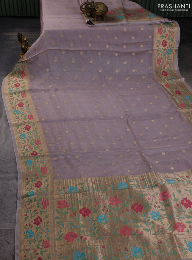Silk kota saree grey shade with allover zari woven buttas and floral design paithani style border