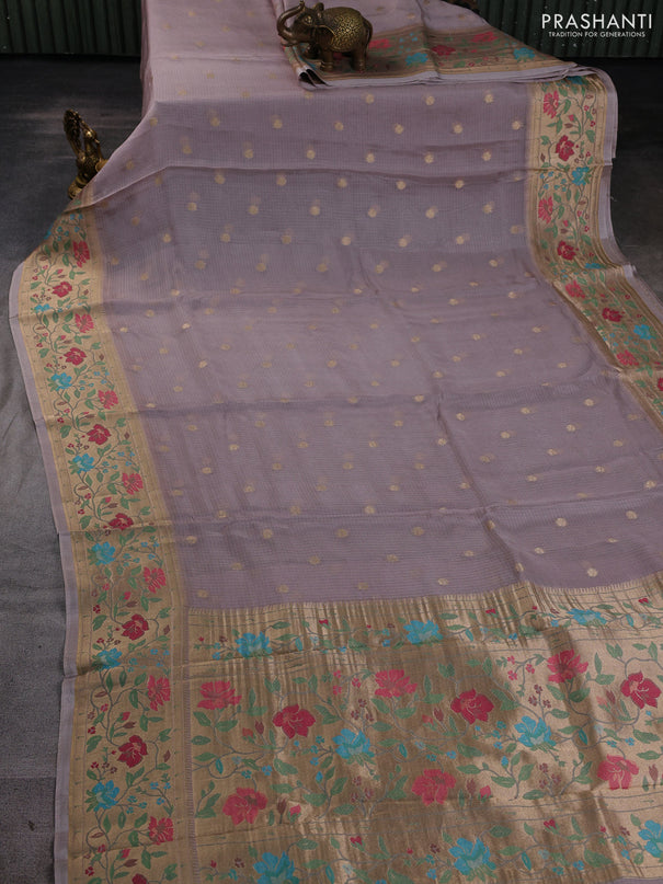 Silk kota saree grey shade with allover zari woven buttas and floral design paithani style border