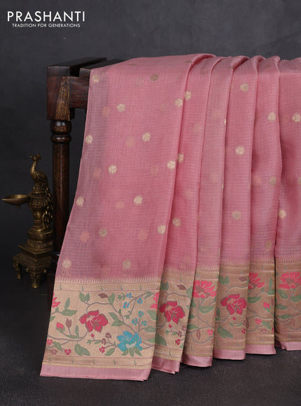 Silk kota saree peach pink with allover zari woven buttas and floral design paithani style border