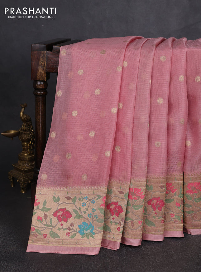 Silk kota saree peach pink with allover zari woven buttas and floral design paithani style border