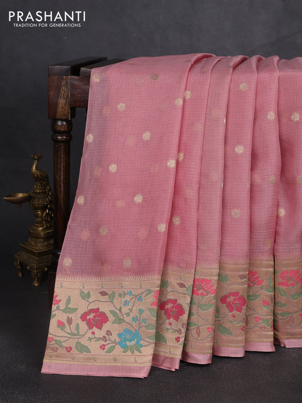 Silk kota saree peach pink with allover zari woven buttas and floral design paithani style border