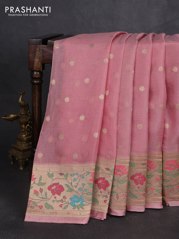 Silk kota saree peach pink with allover zari woven buttas and floral design paithani style border