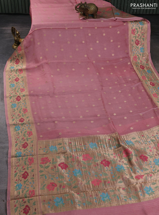 Silk kota saree peach pink with allover zari woven buttas and floral design paithani style border