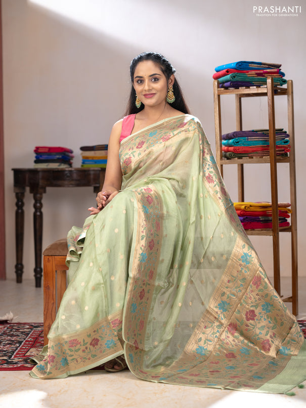 Silk kota saree pista green with allover zari woven buttas and floral design paithani style border