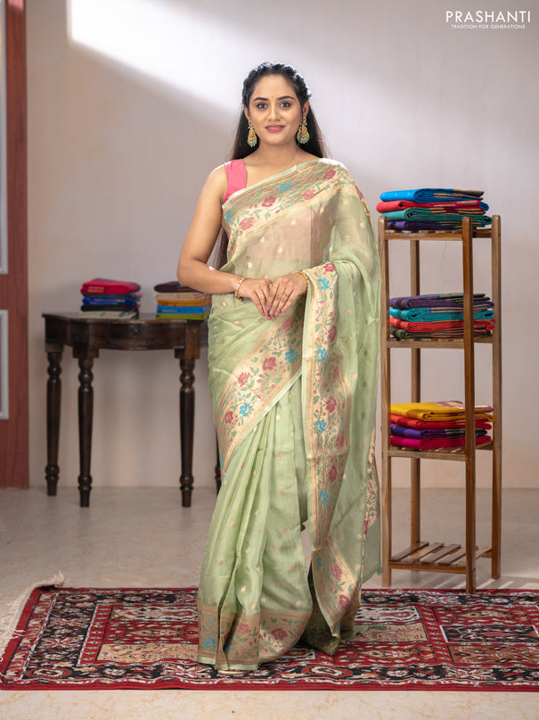 Silk kota saree pista green with allover zari woven buttas and floral design paithani style border