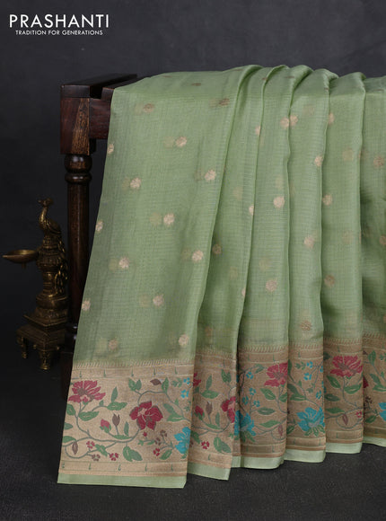 Silk kota saree pista green with allover zari woven buttas and floral design paithani style border