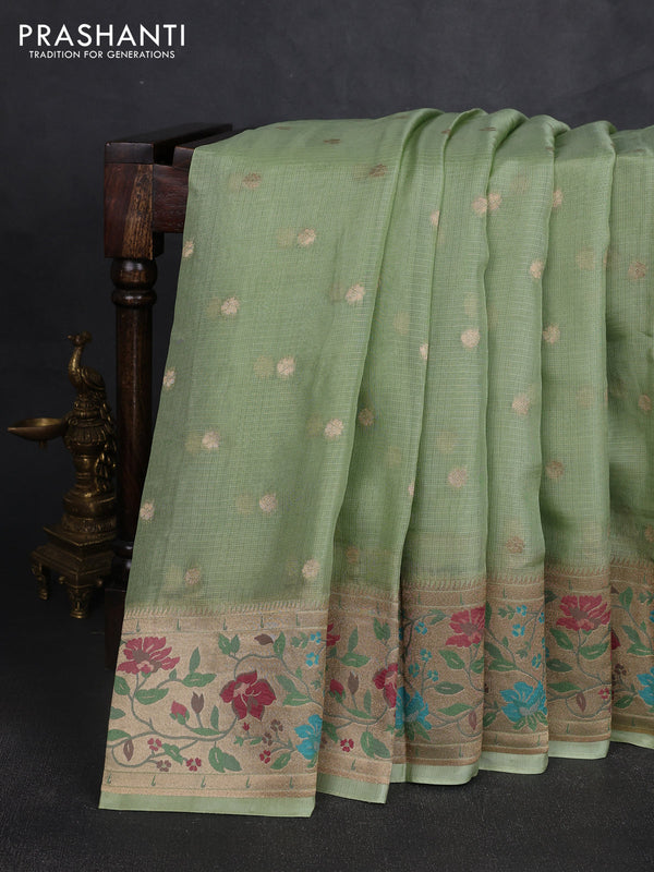 Silk kota saree pista green with allover zari woven buttas and floral design paithani style border